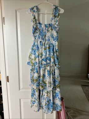 Smocked Tiered Midi Dress in Blue Floral
